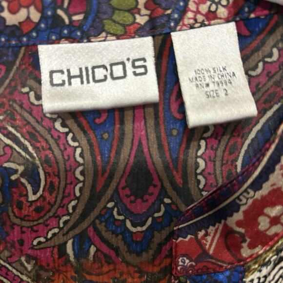 Chicos Silk Blouse Women Sz 2 US 12 Multicolor Paisley Sheer Button Front Classy - Picture 3 of 6